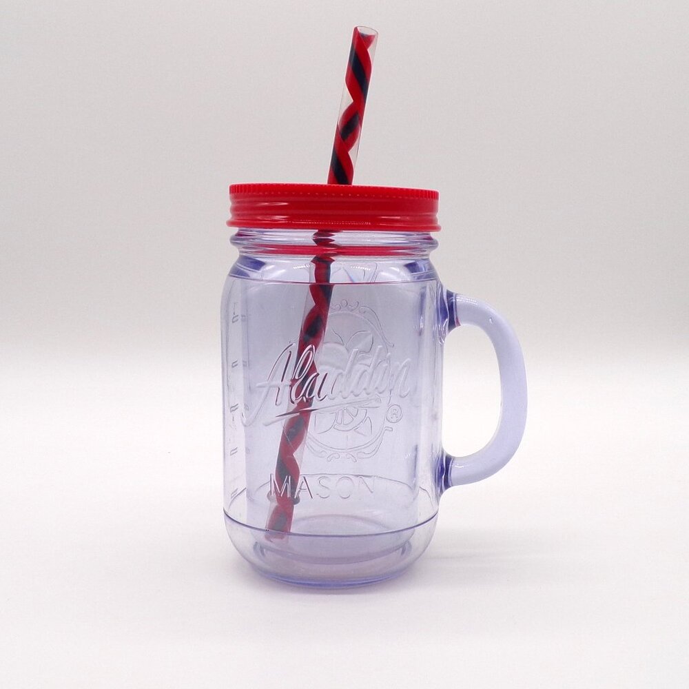 Aladdin Insulated Mason Jar Mug Plastic Travel Tumbler 16 oz Red Lid Straw